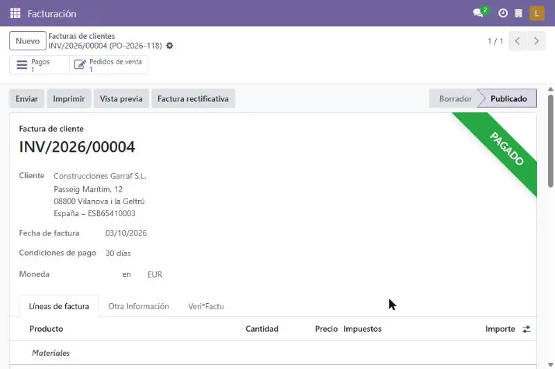 Animación: en una factura de Odoo se pulsa Imprimir y aparece el PDF con el diseño de Kromaform
